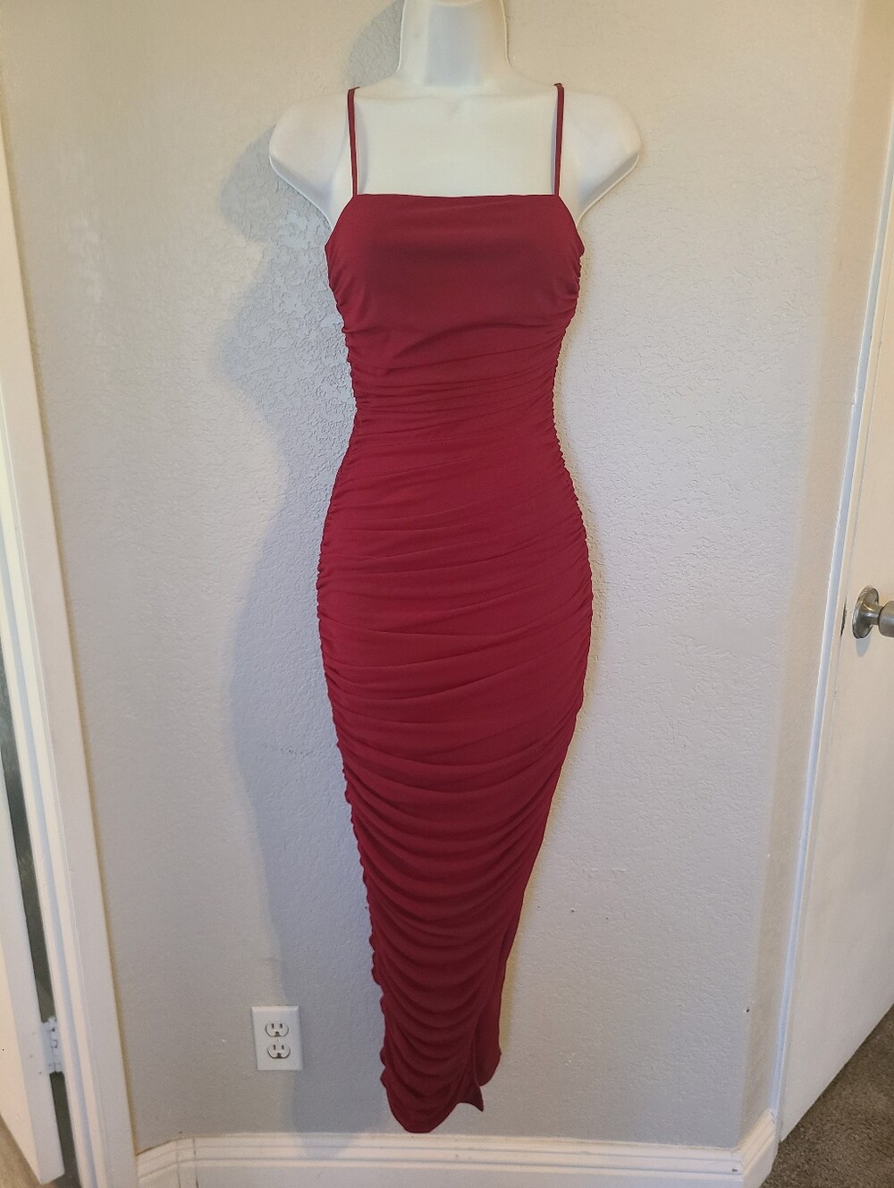 Privy Burgundy Deep Red Ruched Bodycon Maxi Slip Dress  Spaghetti Straps
